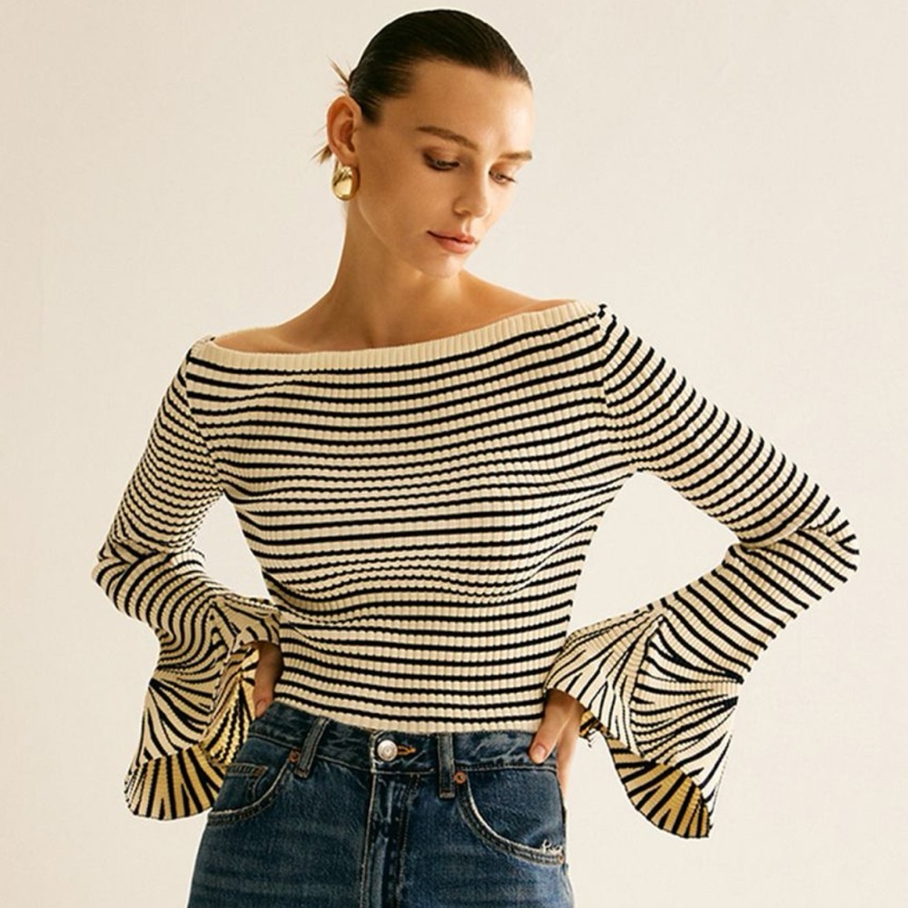 NWT | Striped Ruffle-Sleeve Knit top